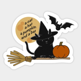 a cat, a hat, a pumpkin and a bat Sticker